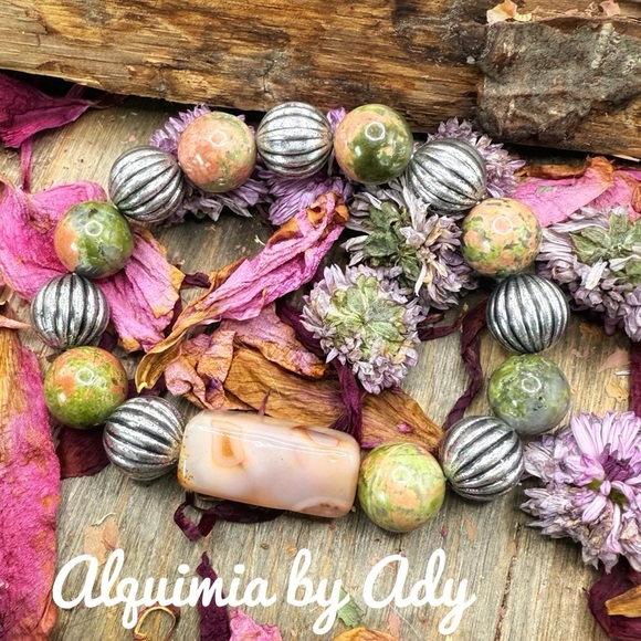 Luxury agate and green unakite oversized beads bracelet